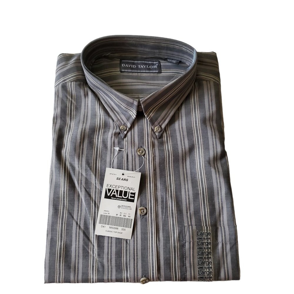 David Taylor Button Up Long Sleeve‎ Dress Grey Striped Shirt Large